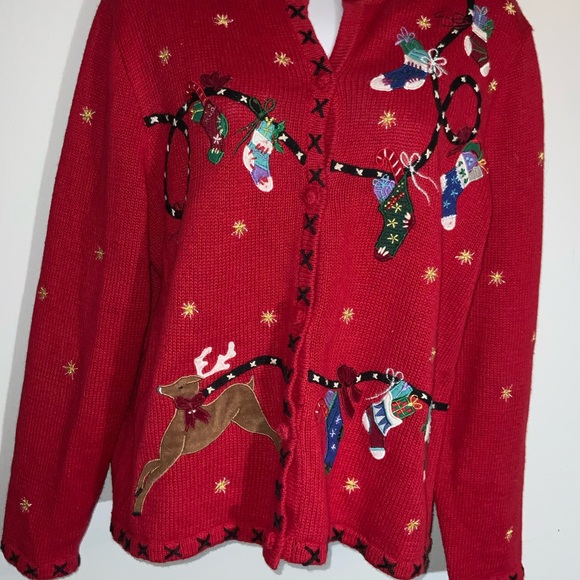 Festive Red Button Down Christmas Sweater Sz Petite Large - Picture 4 of 6